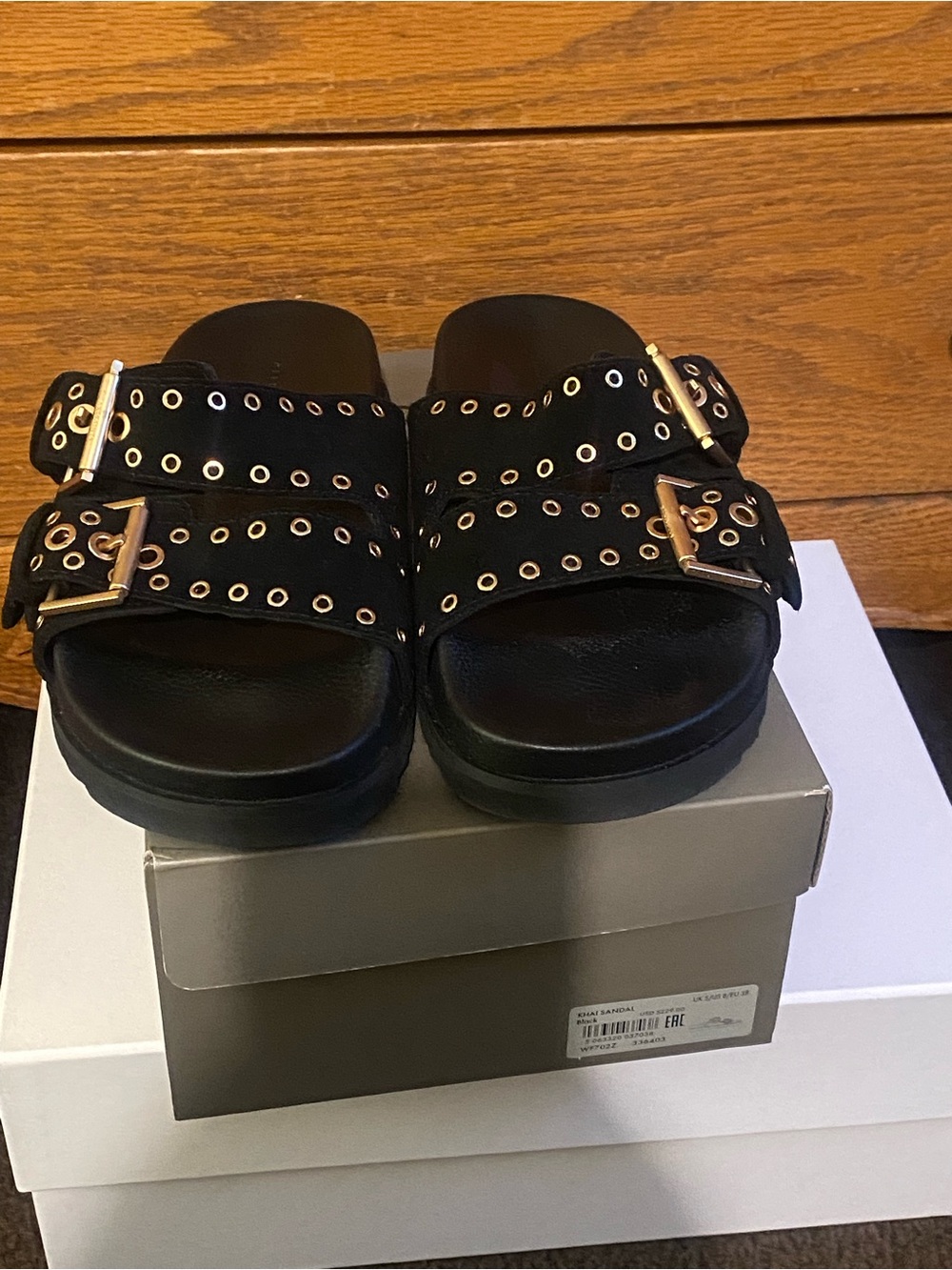 AllSaints Khai Black Slide Sandals with Gold Grommet Buckles Sz 8 - Picture 3 of 10